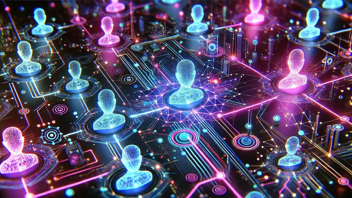 Glowing figures connected across a digital landscape.