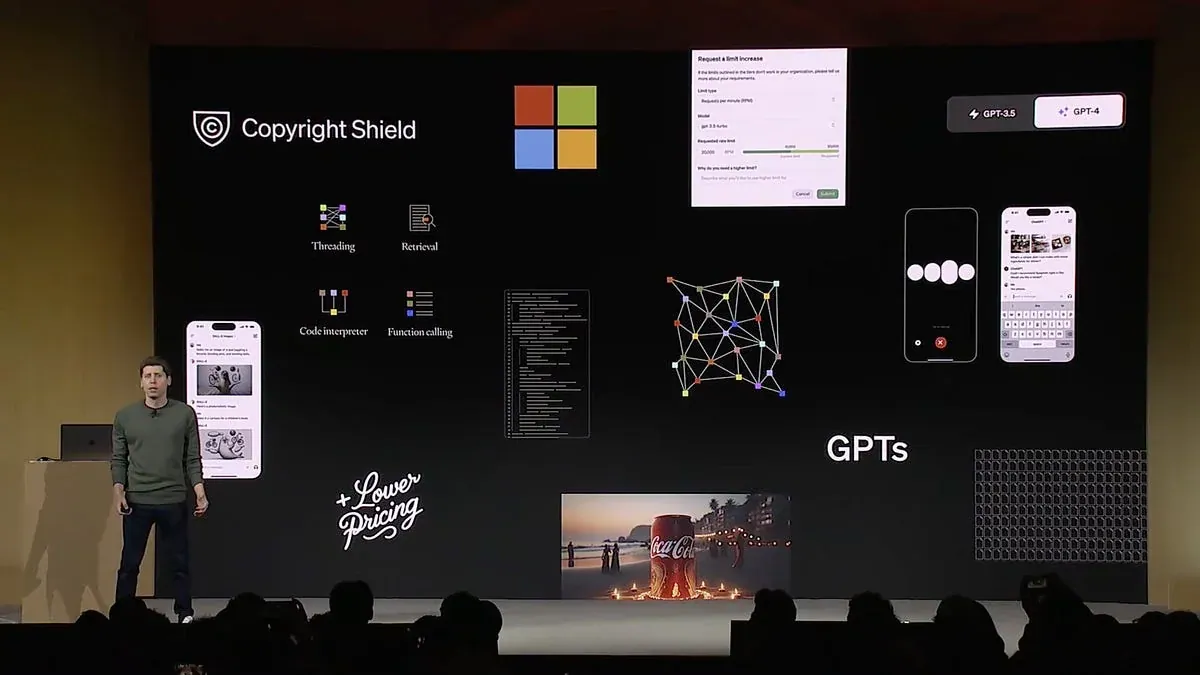 An OpenAI presentation showing GPTs and Copyright Shield.