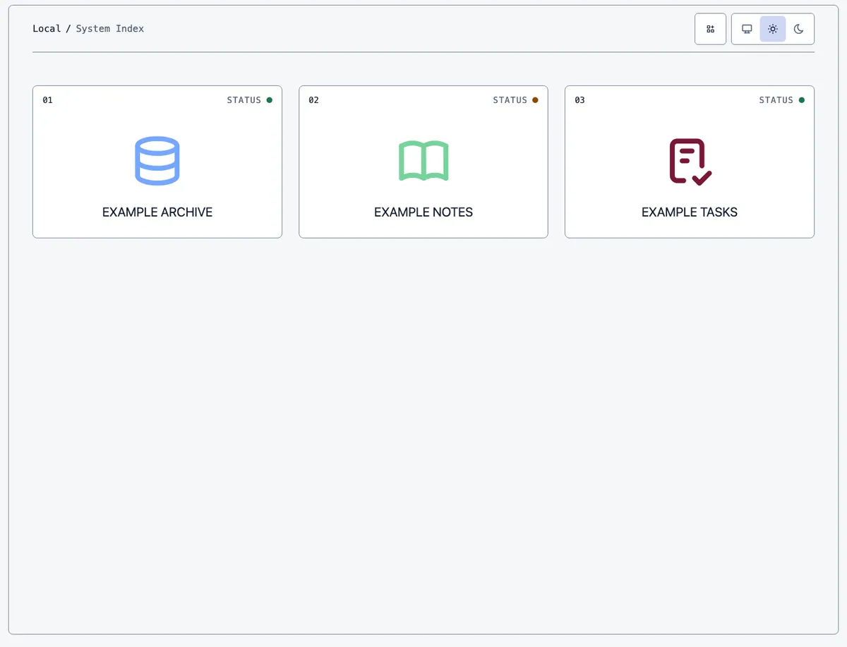 Local Web System Index in light mode, showing fictional Archive, Notes and Tasks applications with status indicators and colour-mode controls