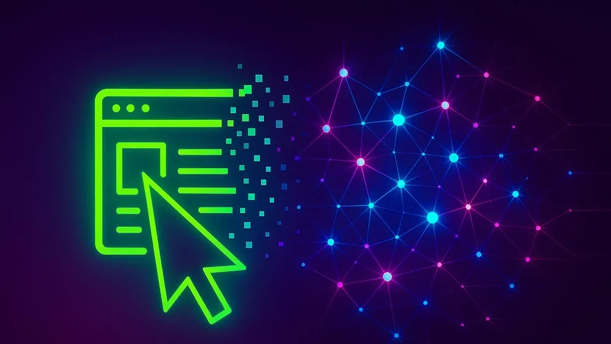 A neon browser window dissolving into a network of points.