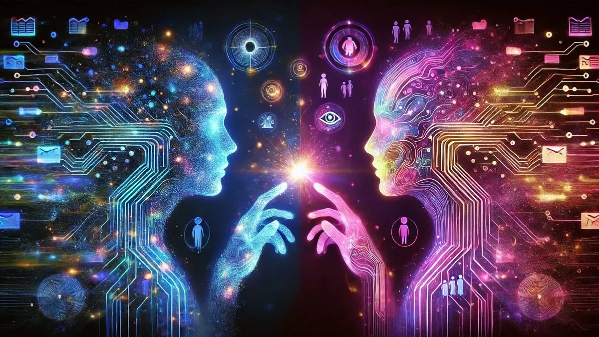 Two luminous figures reaching towards one another across a digital network.