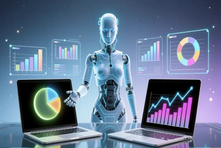 A humanoid robot between two laptops displaying charts, with glowing data panels behind it.