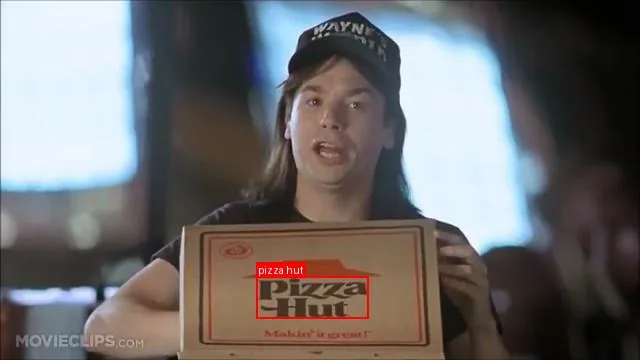 Original Brand Detection output showing a red detection box labelled pizza hut around the logo on a pizza box in a film frame.