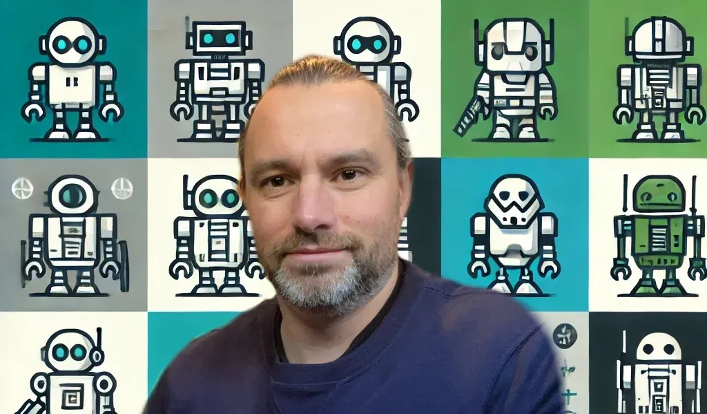 Sean Betts in front of illustrations of robots and science-fiction characters.