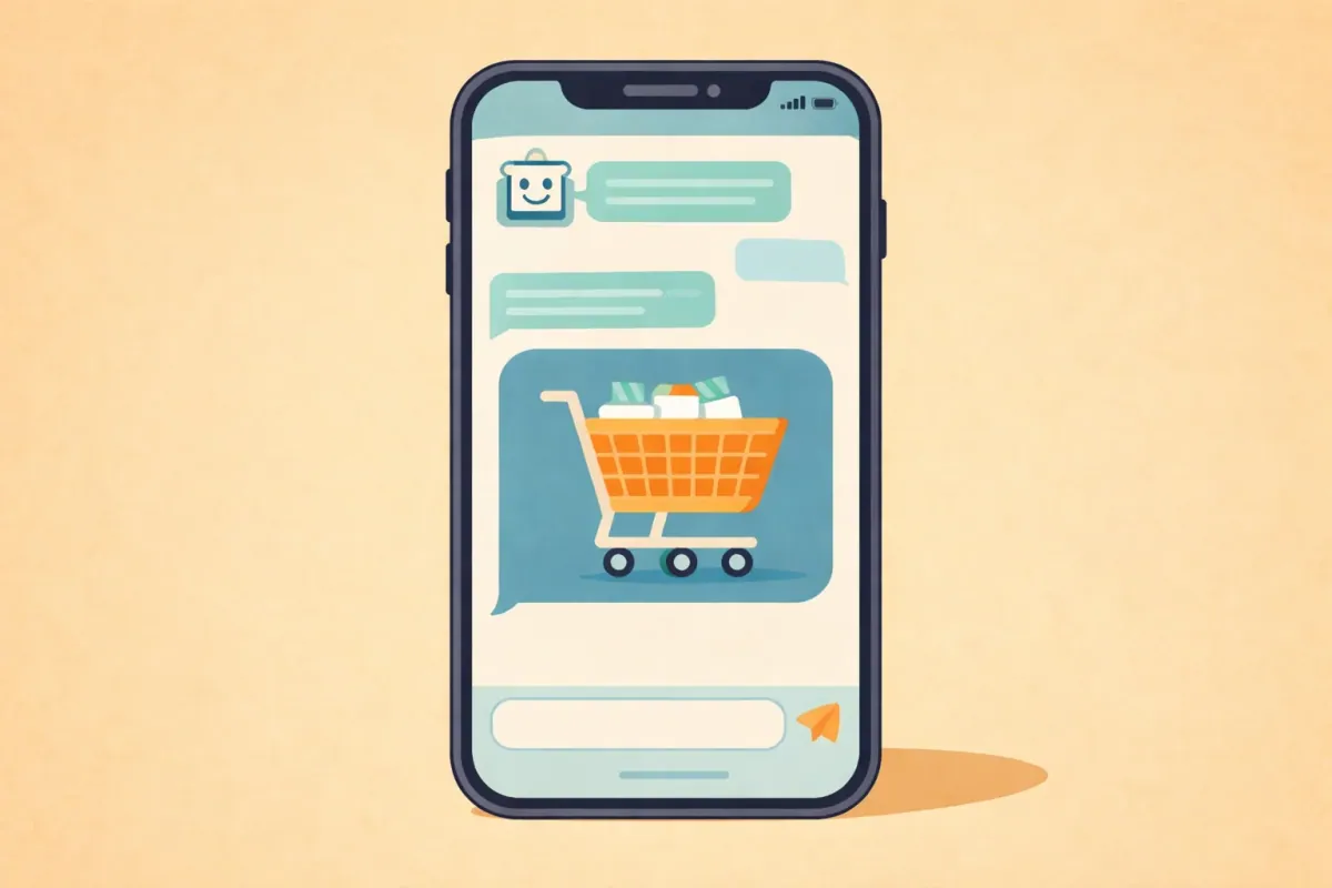 An illustrated shopping basket on a smartphone.