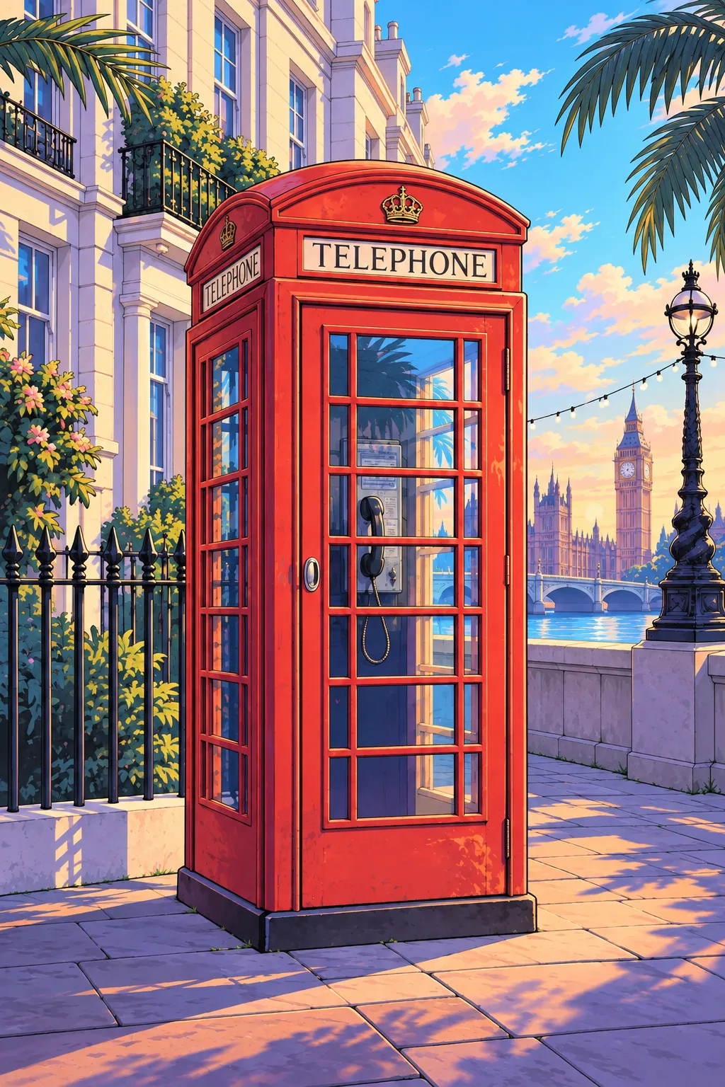 Illustrated red London telephone box in colourful afternoon sunlight