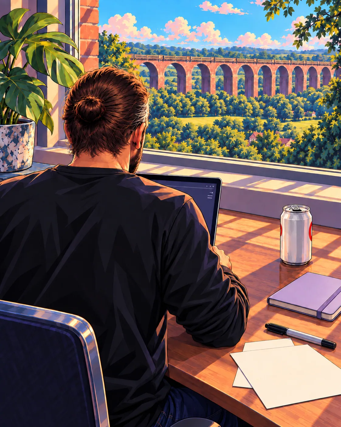 Sean seen from behind at his writing desk, with a mostly obscured laptop screen and Balcombe Viaduct beyond the window.