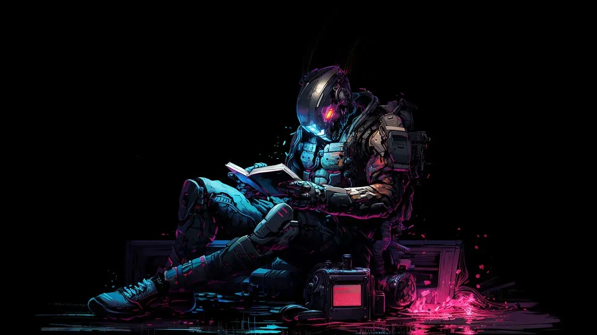 A futuristic figure sitting in a chair against a dark background.