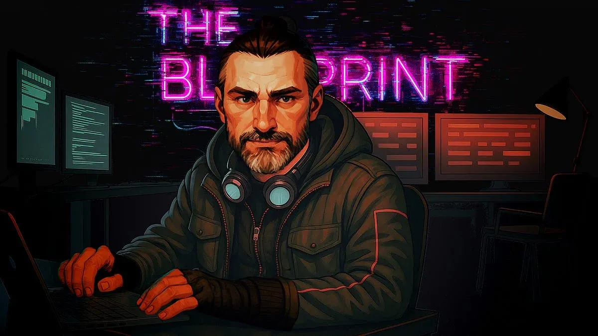 Illustrated portrait of Sean Betts at a laptop beneath a neon Blueprint sign.