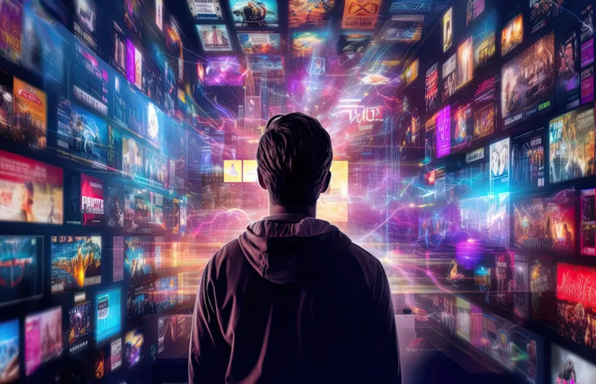 A person surrounded by a wall of colourful digital screens.